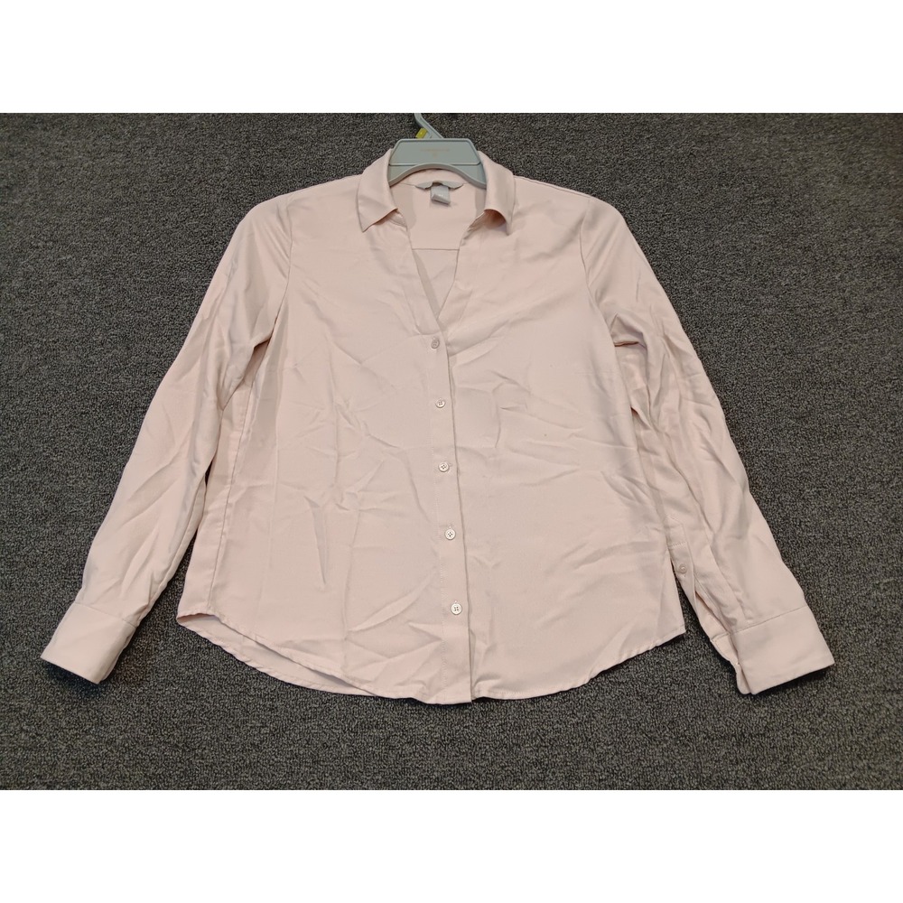 H&M Shirt Womens 6 Pink Textured Long Sleeve Collared Pleated Button Up Casual